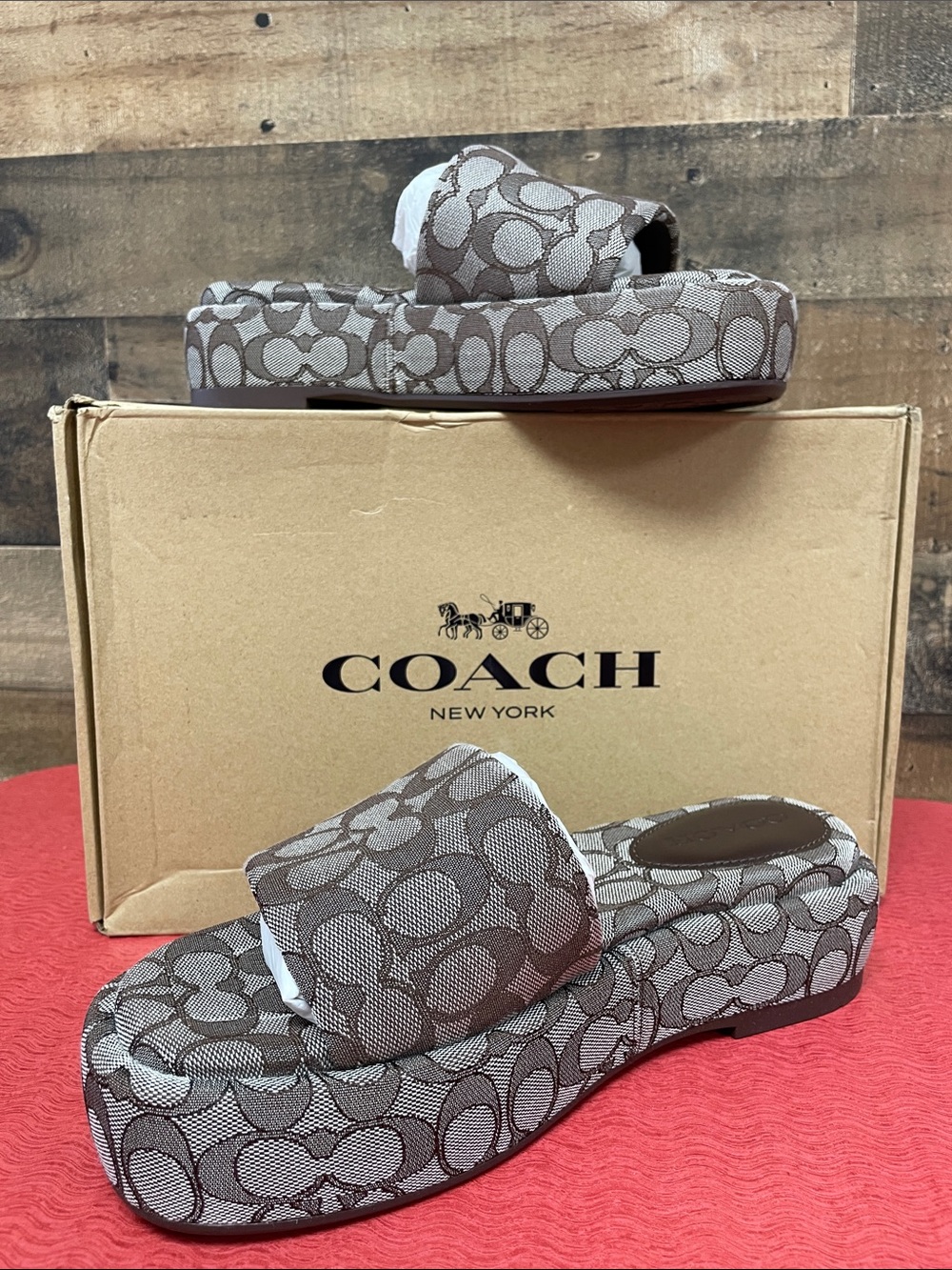 Coach Platform Slide Sandals in Brown and Tan Monogram
